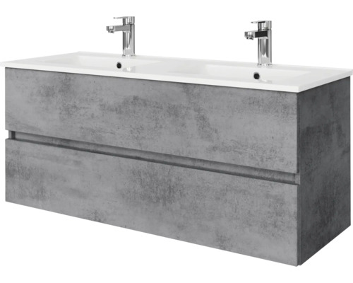 Dubbel wastafelmeubel met onderkast in betonlook, twee lades en twee chromen kranen.