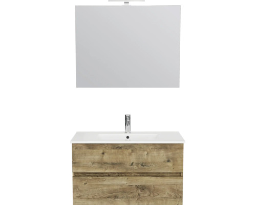 Badmeubelset: wastafelonderkast in eikenlook met twee laden, witte wastafel met kraan en spiegel met verlichting.