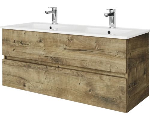 Dubbele wastafel met onderkast in houtlook en twee verchroomde kranen.