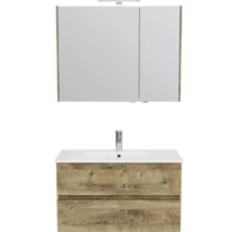 Badmeubelset met tweedeurs spiegelkast, witte wastafel en onderkast in eikenlook met twee lades.