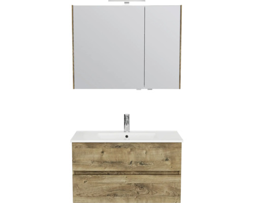 Badmeubelset met tweedeurs spiegelkast, witte wastafel en onderkast in eikenlook met twee lades.