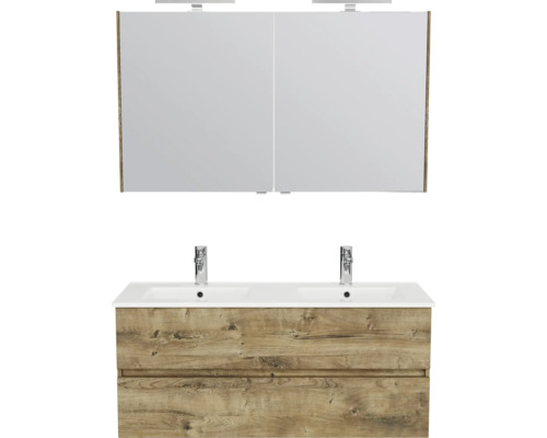 Badkamermeubelset met dubbele wastafel, witte wasbak, onderkast in houtlook met twee laden en spiegelkast met verlichting.