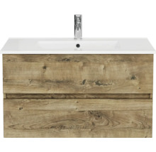 Wastafelonderkast met twee laden in houtlook, inclusief witte wastafel en verchroomde kraan.