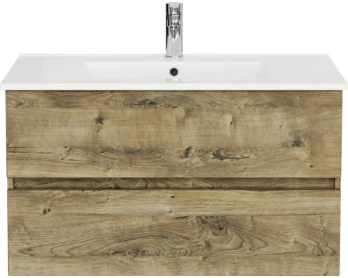 Wastafelonderkast met twee laden in houtlook, inclusief witte wastafel en verchroomde kraan.