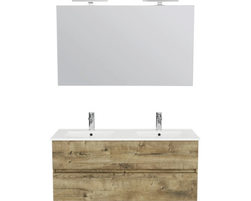 Badkamermeubelset met dubbele wastafel, onderkast in houtlook en grote spiegel met verlichting.