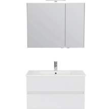 Witte badkamermeubelset bestaande uit een wastafelonderkast met twee laden, een witte wastafel met kraan en een spiegelkast.