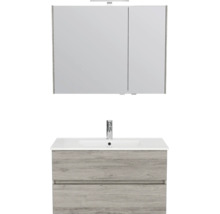 Badkamermeubelset bestaande uit spiegelkast, witte wastafel met kraan en grijs houtlook wastafelmeubel met twee laden.