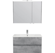 Moderne badkamermeubelset met LED-spiegelkast, witte wastafel inclusief kraan en grijs wastafelmeubel in betonlook met twee laden.