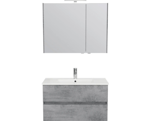 Moderne badkamermeubelset met LED-spiegelkast, witte wastafel inclusief kraan en grijs wastafelmeubel in betonlook met twee laden.