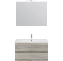 Moderne badkamermeubelset met spiegel inclusief ledverlichting, witte wastafel met kraan en grijs onderkastje in houtlook.