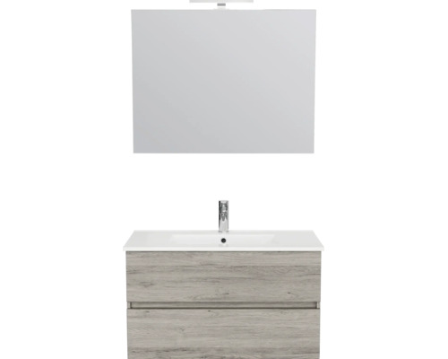Moderne badkamermeubelset met spiegel inclusief ledverlichting, witte wastafel met kraan en grijs onderkastje in houtlook.