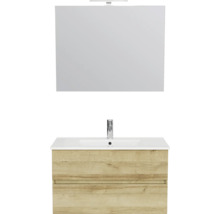Badkamermeubelset bestaande uit een spiegel met verlichting, een witte wastafel met kraan en een hangende onderkast in houtlook.
