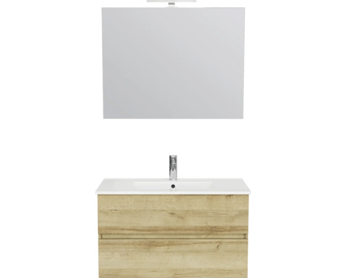 Badkamermeubelset bestaande uit een spiegel met verlichting, een witte wastafel met kraan en een hangende onderkast in houtlook.
