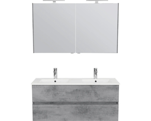 Moderne badkamerset: dubbel wastafelmeubel in betonlook, twee lades, witte dubbele wastafel, twee kranen en spiegelkast met verlichting.