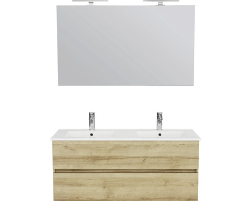 Badkamermeubelset met dubbele wastafel in wit, onderkast in eikenlook met twee laden en een spiegel met ledverlichting.