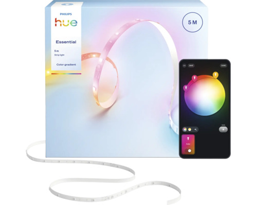 Philips Hue Essential Gradient led-strip, 5 meter lengte, slimme verlichting met bediening via smartphone-app en productverpakking.