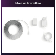 Inhoud van de verpakking van de LED-strip set inclusief LED-strip, controller en voedingsadapter.