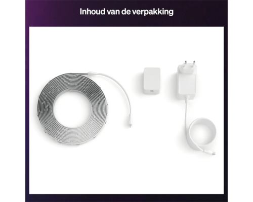 Inhoud van de verpakking van de LED-strip set inclusief LED-strip, controller en voedingsadapter.