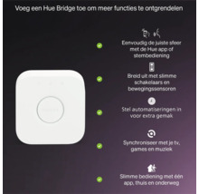 Philips Hue Bridge smart home hub met app- en spraakbediening, automatiseringen en synchronisatie met televisie, games en muziek.