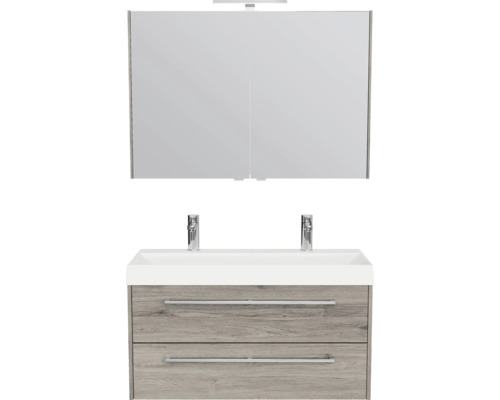 Badkamerset met tweedeurs spiegelkast, witte dubbele wastafel en onderkast met twee laden in grijs houtlook.