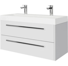 Witte wastafelonderkast met dubbele wastafel, twee laden met handgrepen en twee verchroomde kranen.
