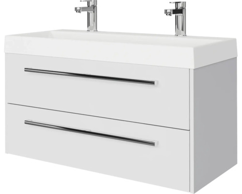 Witte wastafelonderkast met dubbele wastafel, twee laden met handgrepen en twee verchroomde kranen.
