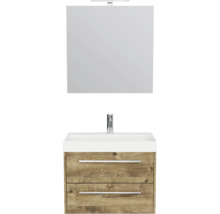 Badkamermeubelset: wastafelonderkast in houtlook met twee laden, witte wastafel, kraan en spiegel met ledverlichting.