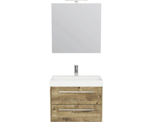 Badkamermeubelset: wastafelonderkast in houtlook met twee laden, witte wastafel, kraan en spiegel met ledverlichting.