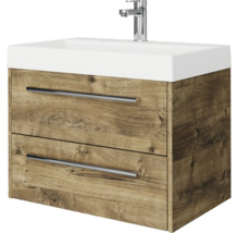 Wastafelonderkast hangend met twee laden in houtlook, inclusief witte wastafel en verchroomde kraan.