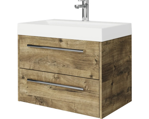 Wastafelonderkast hangend met twee laden in houtlook, inclusief witte wastafel en verchroomde kraan.