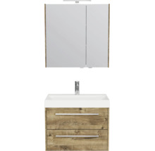 Moderne badkamermeubelset bestaande uit een witte wastafel met kraan, een onderkast in houtlook met twee laden en een spiegelkast.