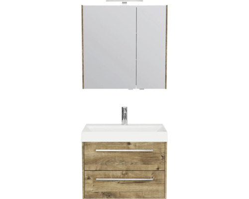 Moderne badkamermeubelset bestaande uit een witte wastafel met kraan, een onderkast in houtlook met twee laden en een spiegelkast.