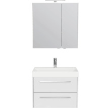 Badkamermeubelset bestaande uit een wastafelonderkast met twee laden, een wastafel en een spiegelkast inclusief verlichting.