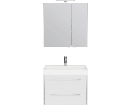 Badkamermeubelset bestaande uit een wastafelonderkast met twee laden, een wastafel en een spiegelkast inclusief verlichting.