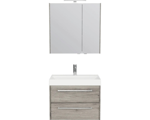 Badkamermeubelset bestaande uit een wastafelonderkast met twee laden in houtlook, een witte wastafel met kraan en een spiegelkast.