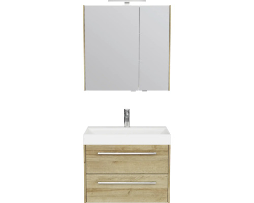 Badkamermeubelset met spiegelkast, verlichting, witte wastafel, kraan en onderkast in houtlook met twee lades.