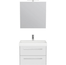 Badmeubelset bestaande uit wastafelonderkast met twee laden, wastafel, kraan, spiegel en led-verlichting.