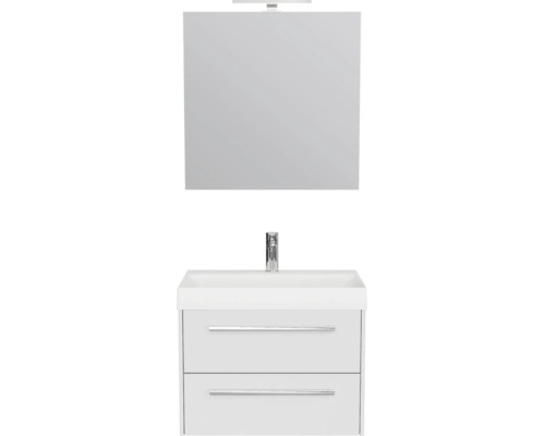 Badmeubelset bestaande uit wastafelonderkast met twee laden, wastafel, kraan, spiegel en led-verlichting.