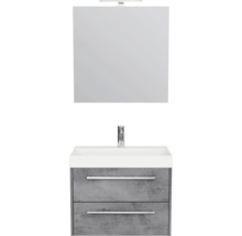 Badmeubelset met witte wastafel, grijze onderkast in betonlook, twee laden met chromen handgrepen, spiegel en led-opzetlamp.