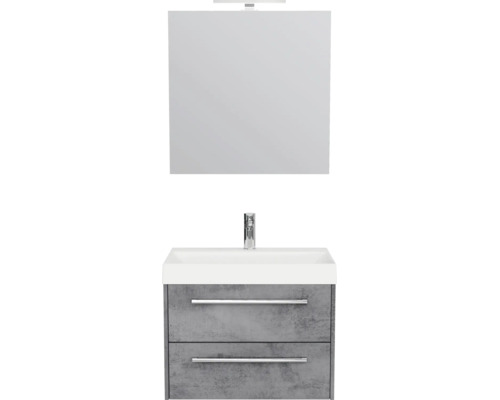 Badmeubelset met witte wastafel, grijze onderkast in betonlook, twee laden met chromen handgrepen, spiegel en led-opzetlamp.