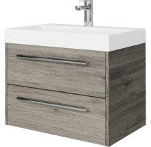 Wastafelonderkast in houtlook met twee laden, witte wastafel en verchroomde kraan.