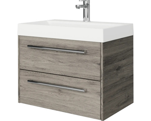 Wastafelonderkast in houtlook met twee laden, witte wastafel en verchroomde kraan.