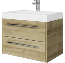 Wastafelonderkast in eikenlook met twee laden, witte wastafel en verchroomde kraan.