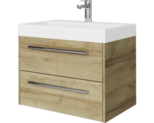 Wastafelonderkast in eikenlook met twee laden, witte wastafel en verchroomde kraan.