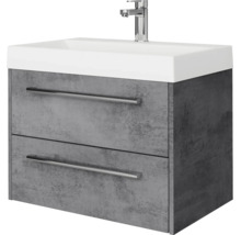Wastafelonderkast in betonlook met witte wastafel, twee laden met metalen grepen en chromen kraan.