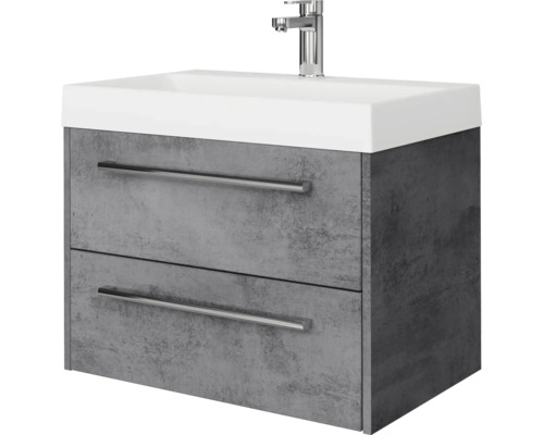 Wastafelonderkast in betonlook met witte wastafel, twee laden met metalen grepen en chromen kraan.