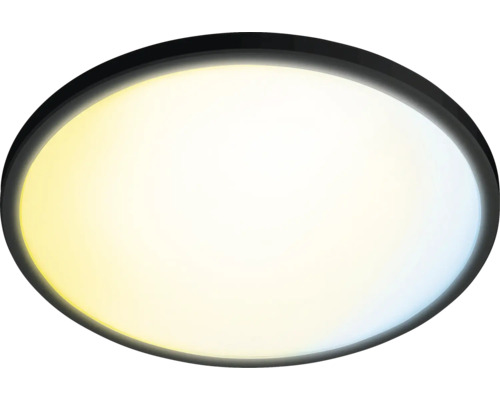 Ovale LED-plafondlamp of wandlamp met zwart frame en witte diffuser, toont verschillende kleurtemperaturen.