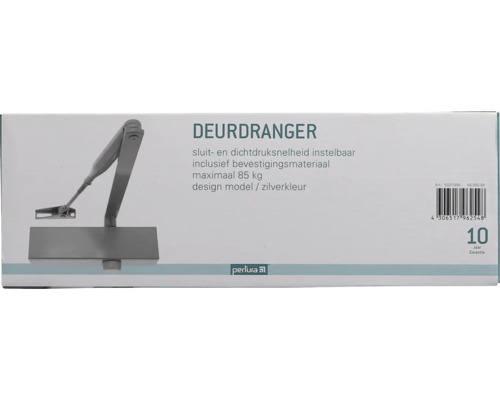 Pertura deurdranger in verpakking met Pertura Logo, instelbare sluitsnelheid, maximaal 85 kilogram en 10 jaar garantie.