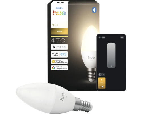 Philips Hue White E14 led-kaarslamp, 470 lumen, slimme bediening via Matter en Bluetooth, compatibel met Alexa, Apple Home en Google Home.