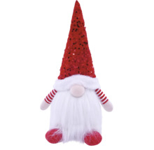 Kerstkabouter met rode paillettenmuts, lange witte baard en rood-wit gestreepte armen.